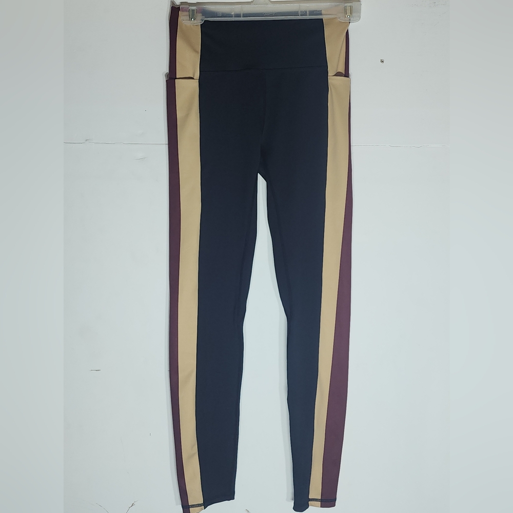 Senita Athletics Black and Tan Leggings with Sporty Stripes